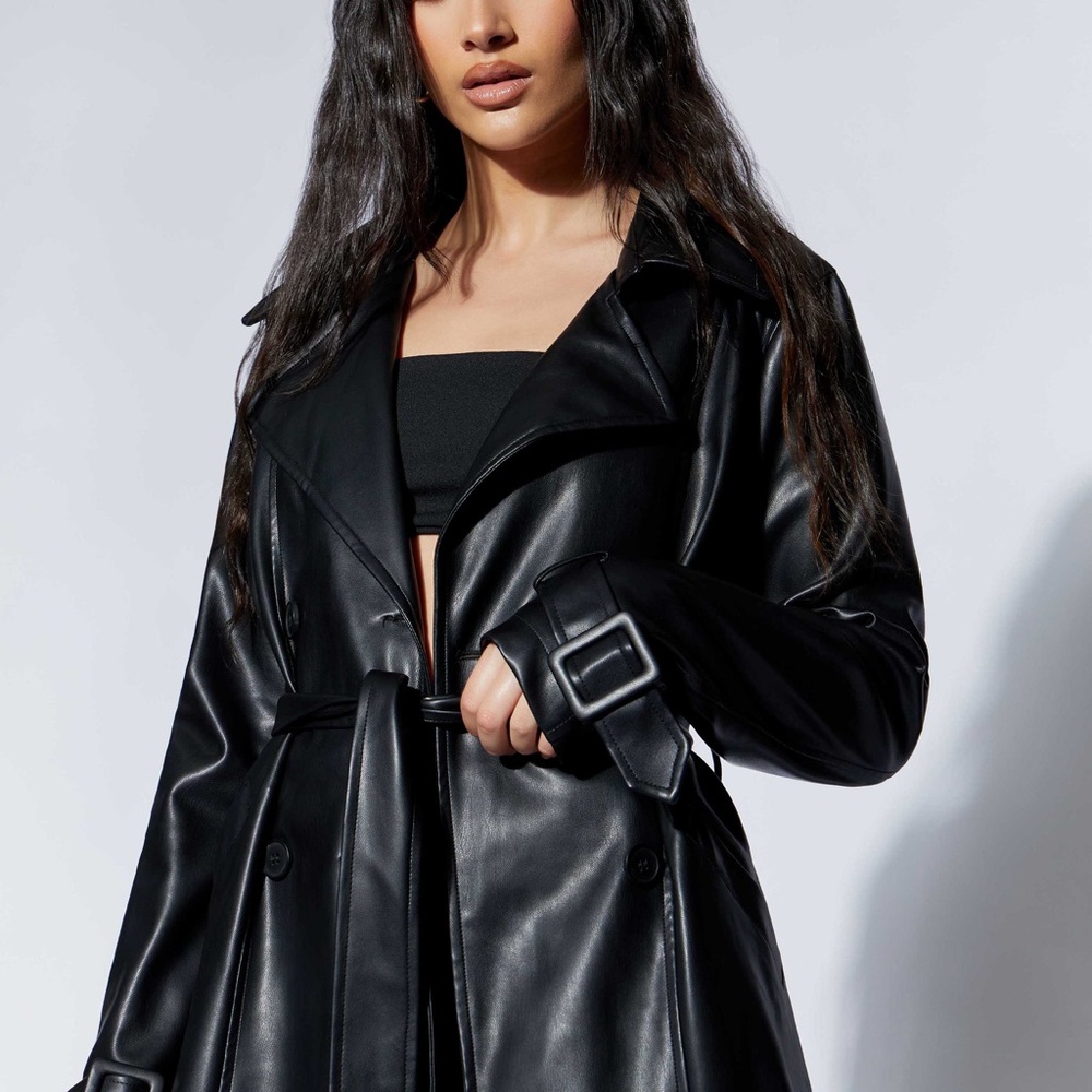 Meshki Black Trench Coat with Belted Waist and Wide Lapel